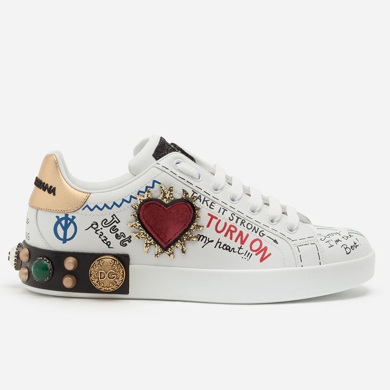 Dolce & Gabbana White Leather Portofino Graffiti Heart Applique Low Top Sneakers