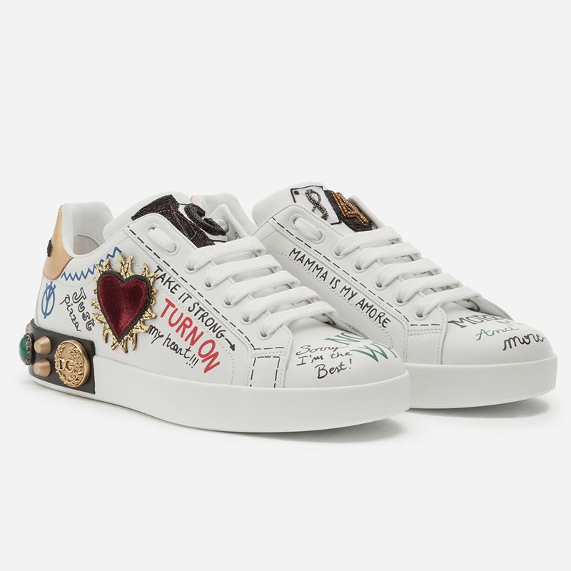 Dolce & Gabbana White Leather Portofino Graffiti Heart Applique Low Top Sneakers