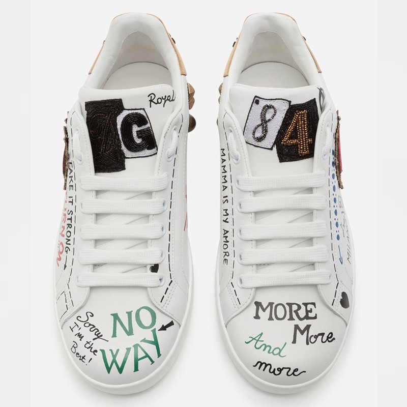 Dolce & Gabbana White Leather Portofino Graffiti Heart Applique Low Top Sneakers