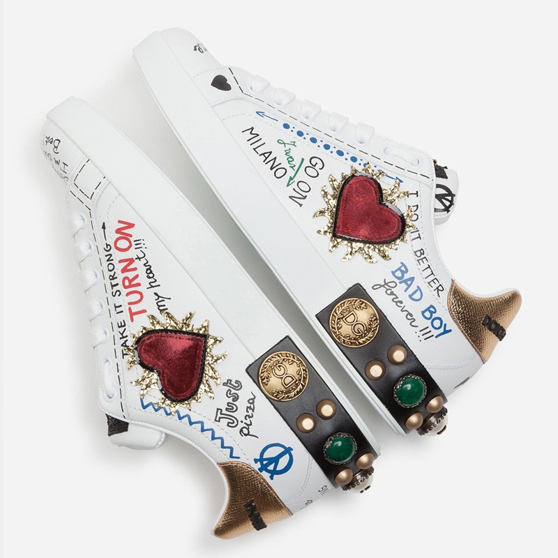 Dolce & Gabbana White Leather Portofino Graffiti Heart Applique Low Top Sneakers
