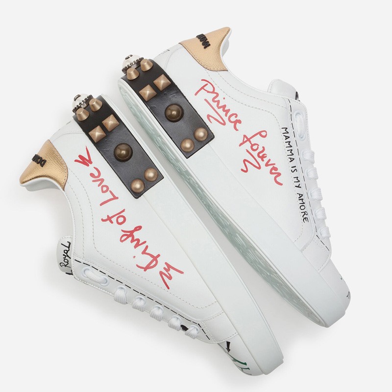 Dolce & Gabbana White Leather Portofino Graffiti Heart Applique Low Top Sneakers