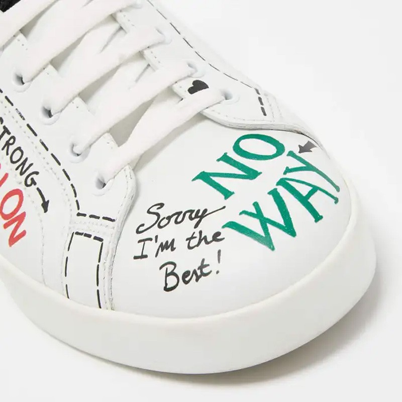 Dolce & Gabbana White Leather Portofino Graffiti Heart Applique Low Top Sneakers