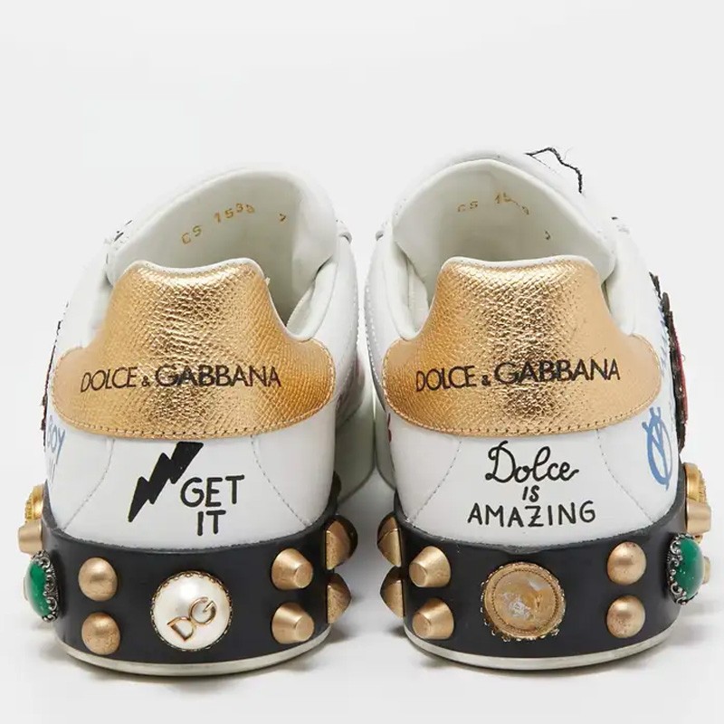 Dolce & Gabbana White Leather Portofino Graffiti Heart Applique Low Top Sneakers
