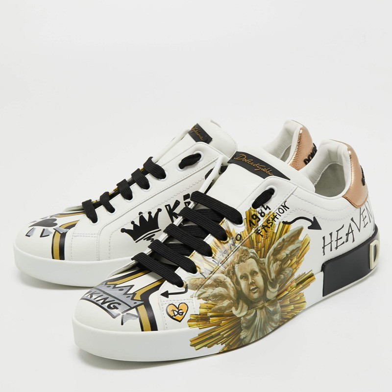 Dolce & Gabbana White Leather Amore Est Vitae Print Low Top Sneakers