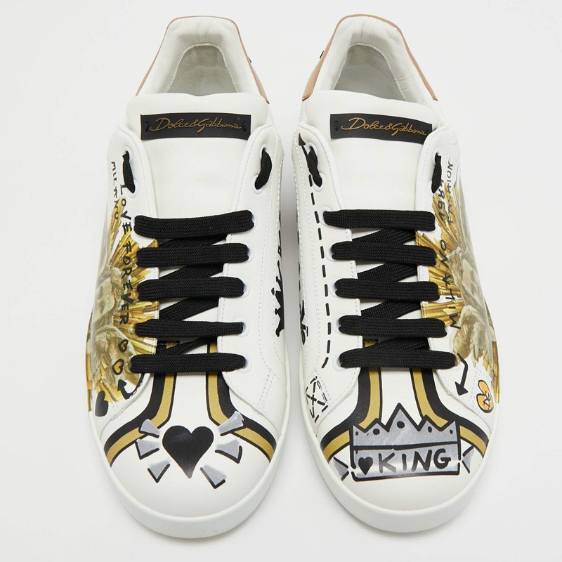 Dolce & Gabbana White Leather Amore Est Vitae Print Low Top Sneakers
