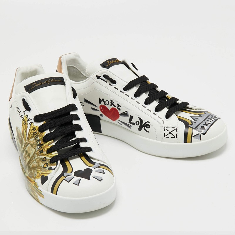 Dolce & Gabbana White Leather Amore Est Vitae Print Low Top Sneakers