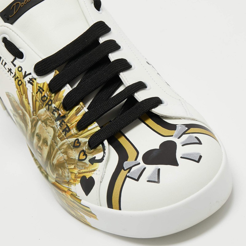 Dolce & Gabbana White Leather Amore Est Vitae Print Low Top Sneakers