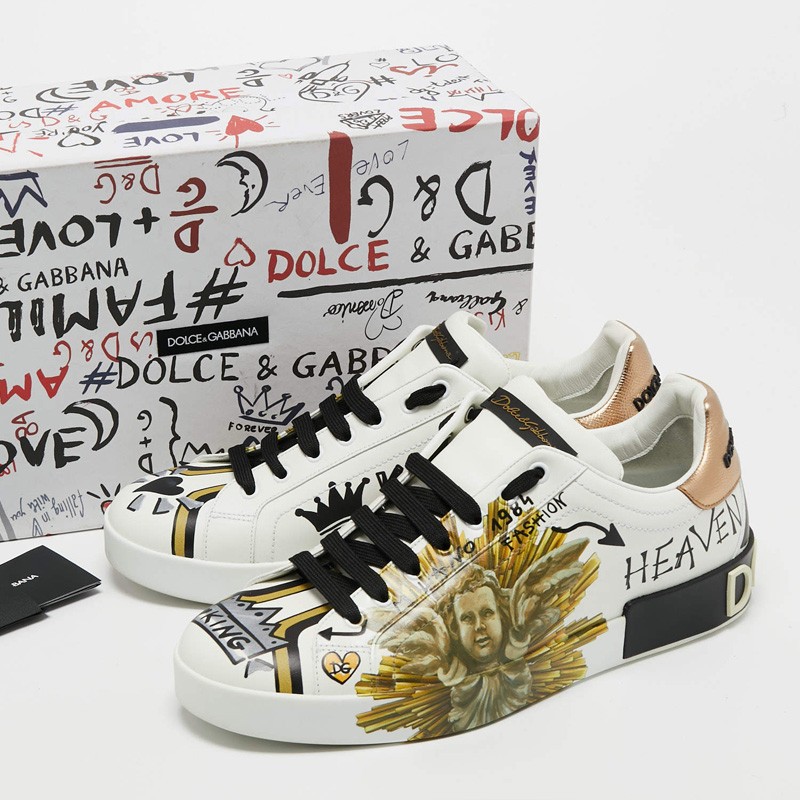 Dolce & Gabbana White Leather Amore Est Vitae Print Low Top Sneakers