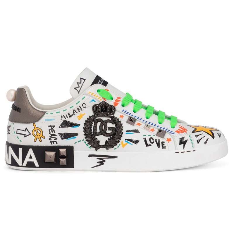 DOLCE & GABBANA Calfskin Portofino sneakers with embroidery and studs