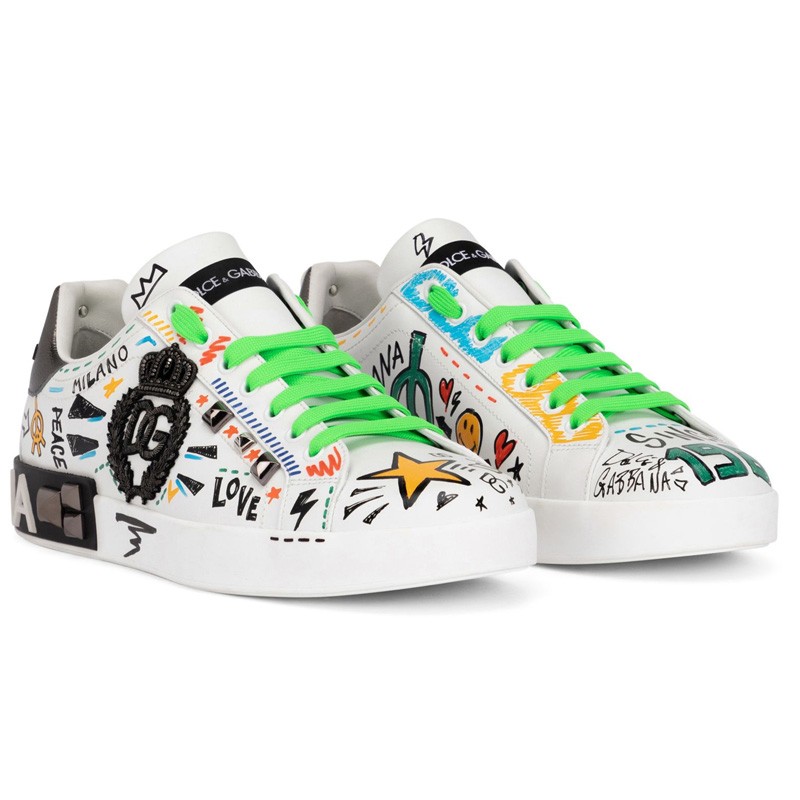 DOLCE & GABBANA Calfskin Portofino sneakers with embroidery and studs