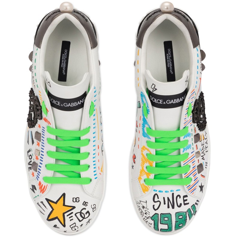 DOLCE & GABBANA Calfskin Portofino sneakers with embroidery and studs