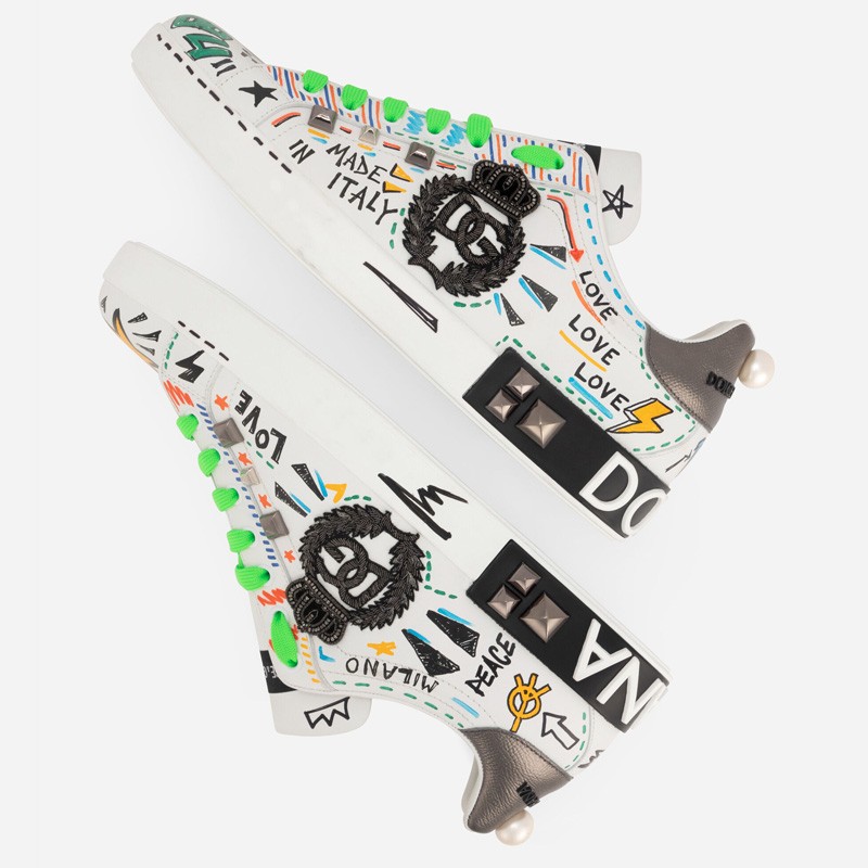 DOLCE & GABBANA Calfskin Portofino sneakers with embroidery and studs