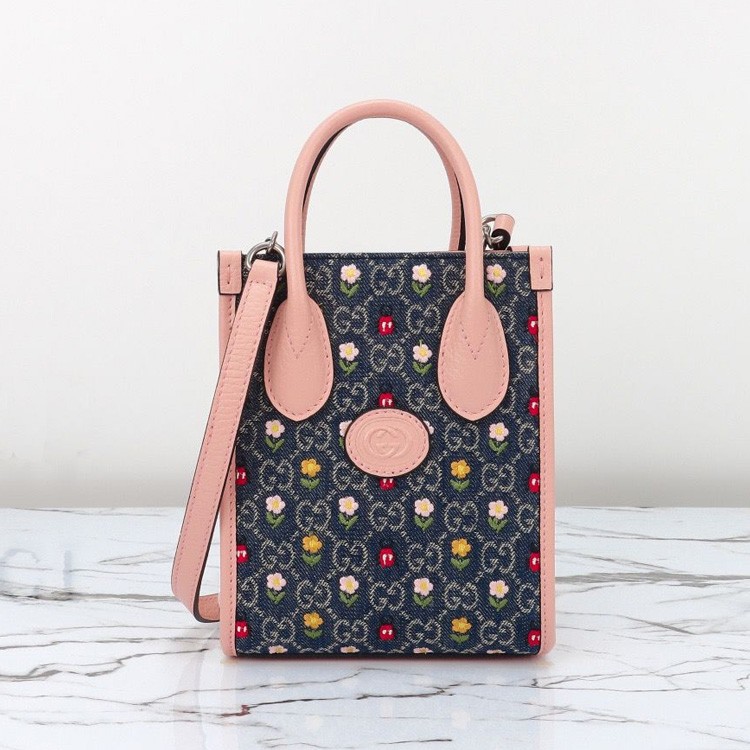 G*u*i ophidia flower & denim tote bag