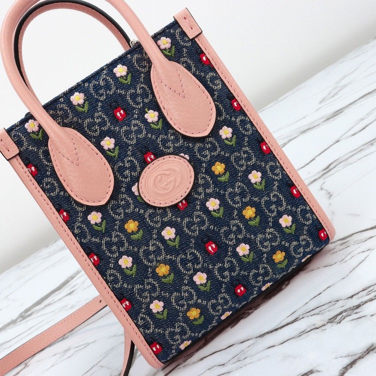 G*u*i ophidia flower & denim tote bag