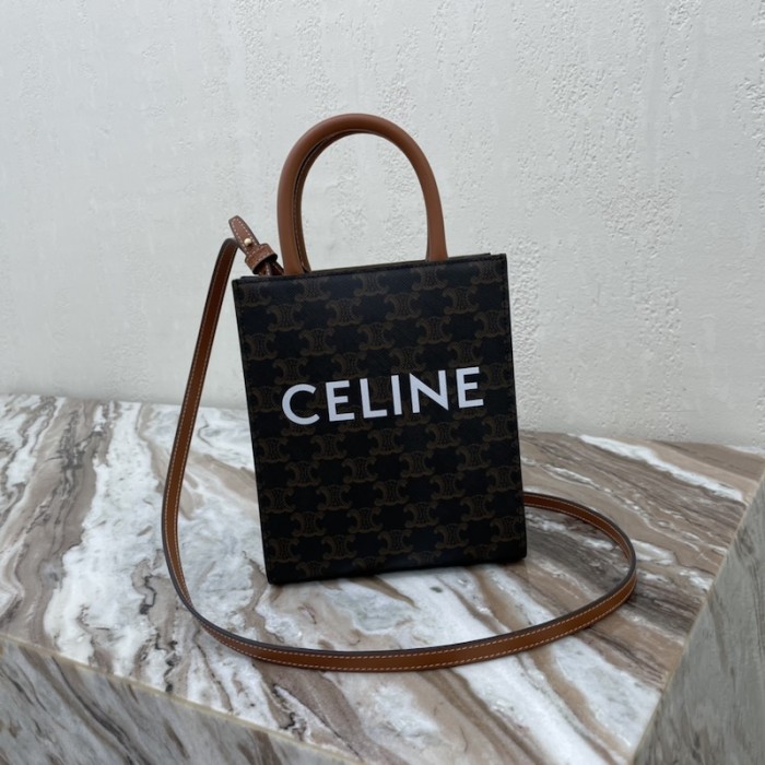 Ce**e mini vertical cabas in triomphe canvas and calfskin with Ce**e print tan