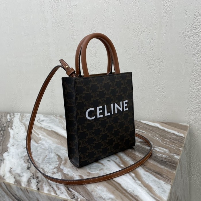 Ce**e mini vertical cabas in triomphe canvas and calfskin with Ce**e print tan
