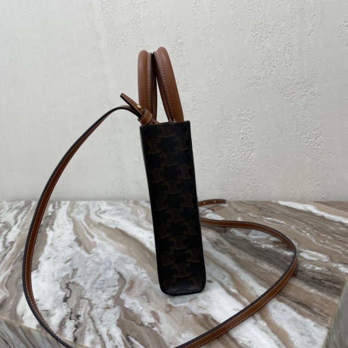 Ce**e mini vertical cabas in triomphe canvas and calfskin with Ce**e print tan