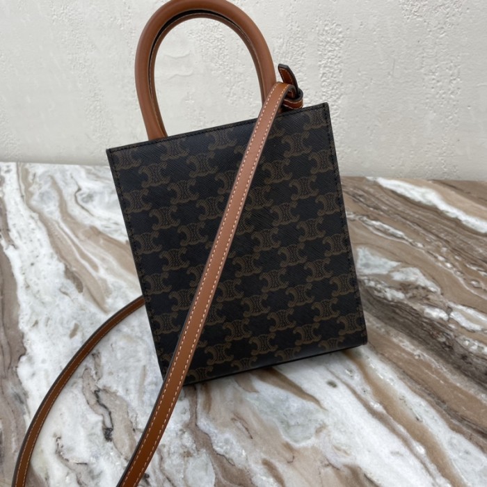 Ce**e mini vertical cabas in triomphe canvas and calfskin with Ce**e print tan