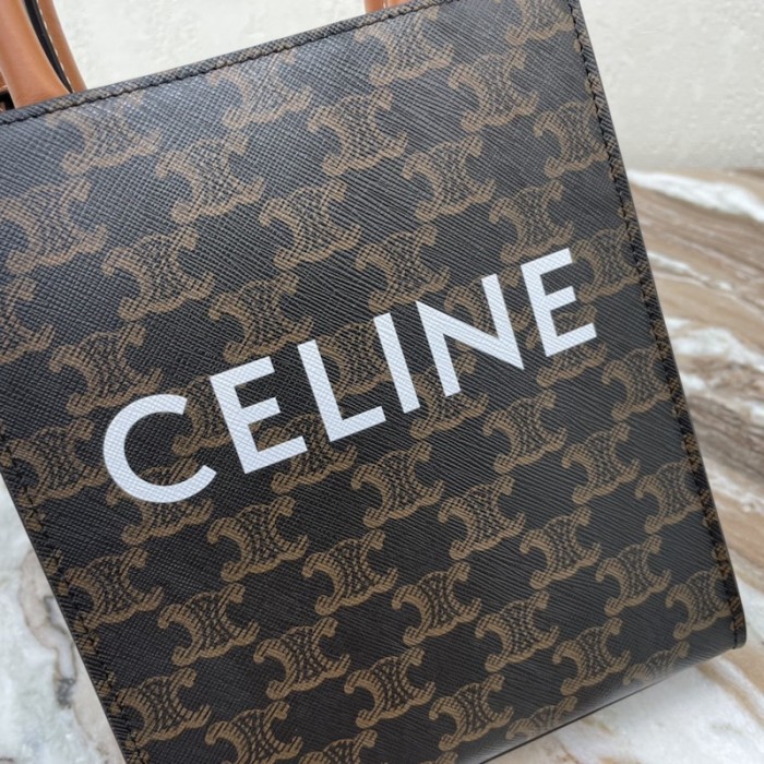Ce**e mini vertical cabas in triomphe canvas and calfskin with Ce**e print tan