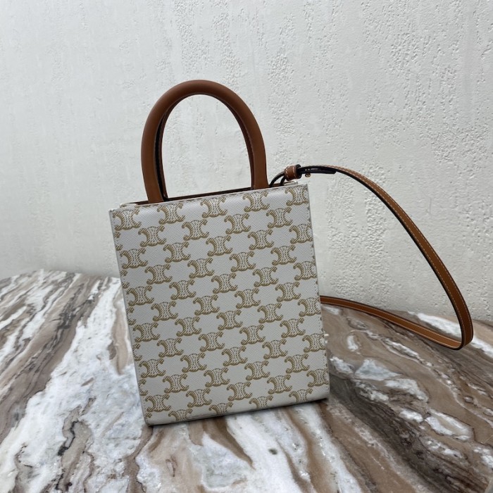 Ce**e mini vertical cabas in triomphe canvas and calfskin with Ce**e print white