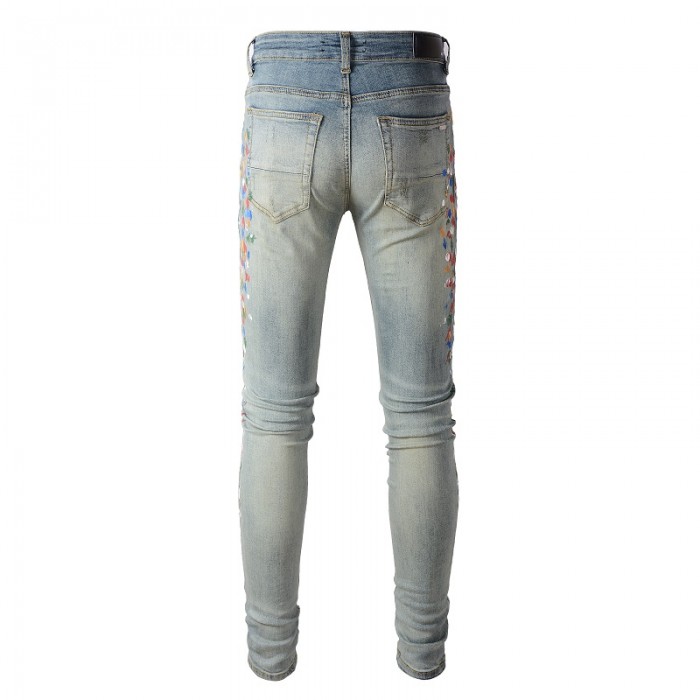 Amiri Paint Print Distressed Skinny Jeans Clay Indigo