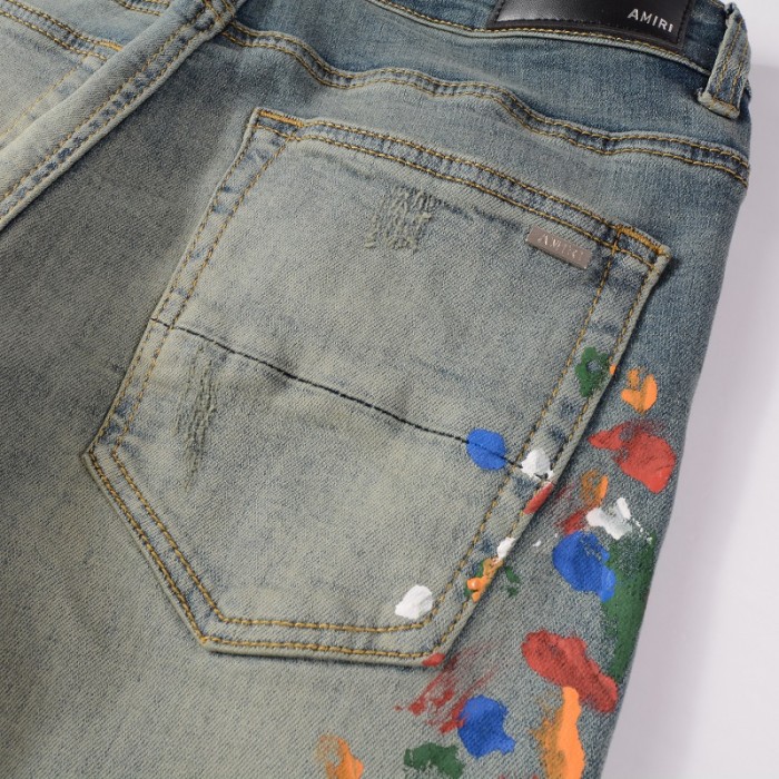 Amiri Paint Print Distressed Skinny Jeans Clay Indigo