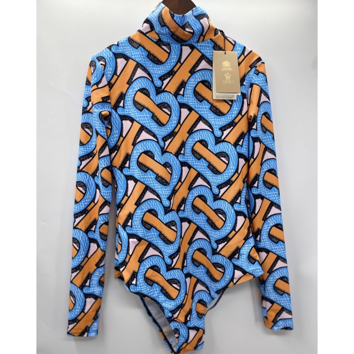 BUR Monogram Print Stretch Nylon Turtleneck Bodysuit