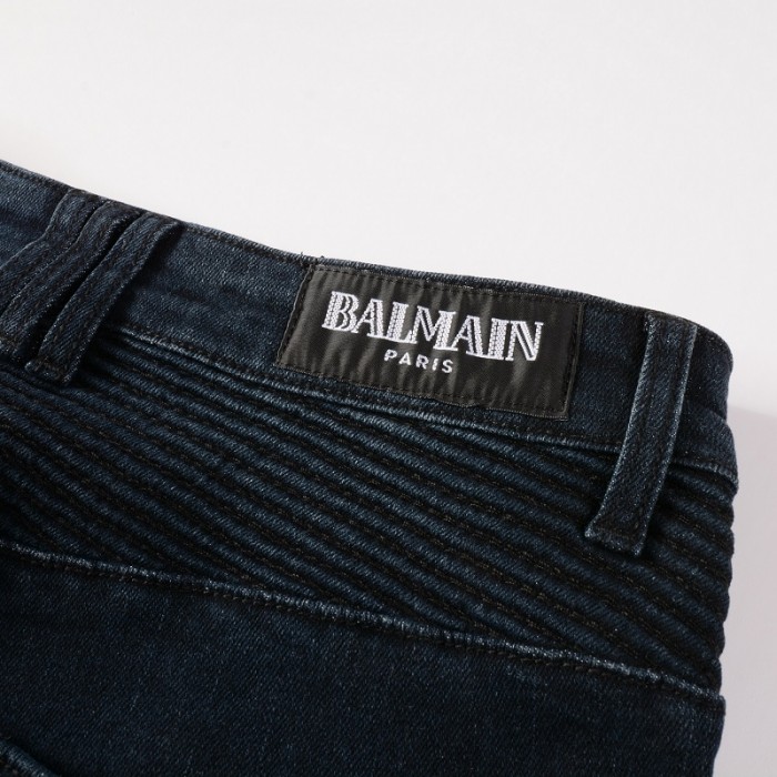 Balmain Slim cut ridged cotton jeans with Balmain monogram hem navy