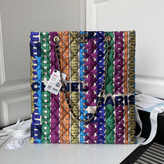 CC Large Shopping Bag Printe Fabric Goldtone Metal Multicolor