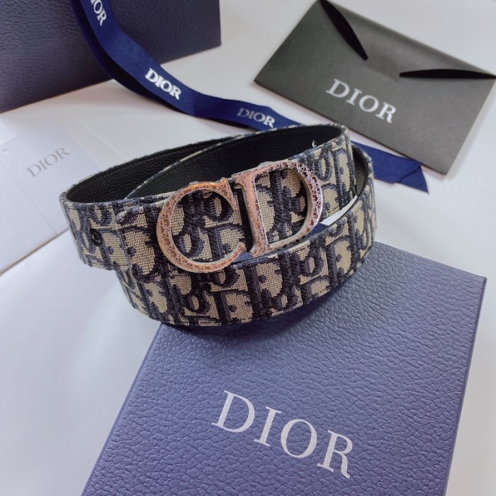 D*or oblique jacquard and grained calfskin 35 mm belt blue