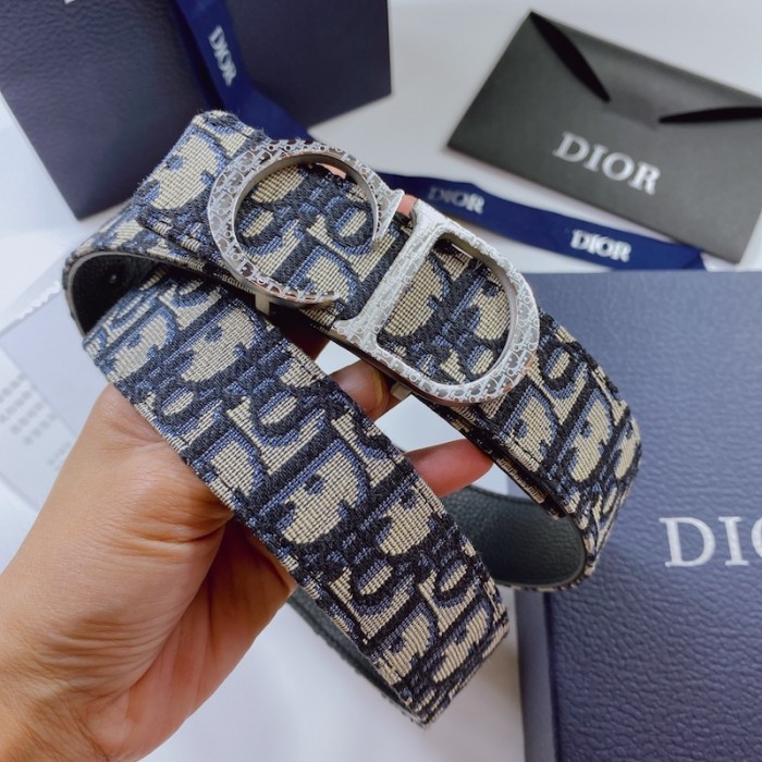 D*or oblique jacquard and grained calfskin 35 mm belt blue