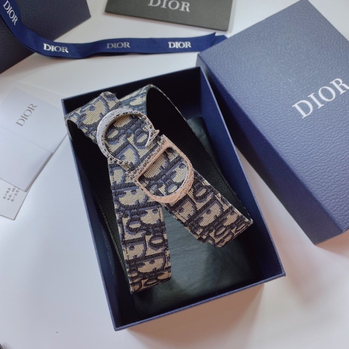 D*or oblique jacquard and grained calfskin 35 mm belt blue