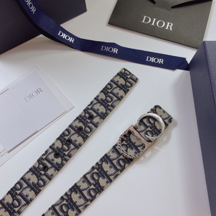 D*or oblique jacquard and grained calfskin 35 mm belt blue