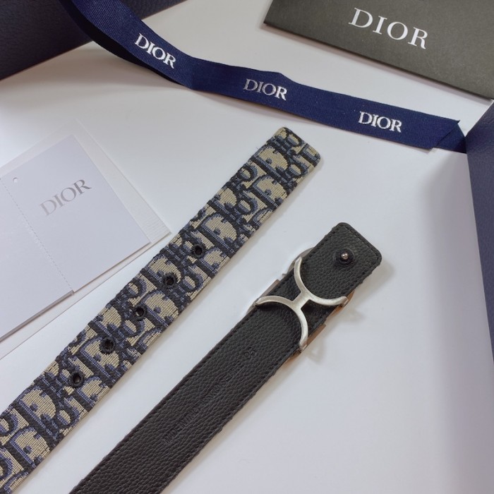 D*or oblique jacquard and grained calfskin 35 mm belt blue