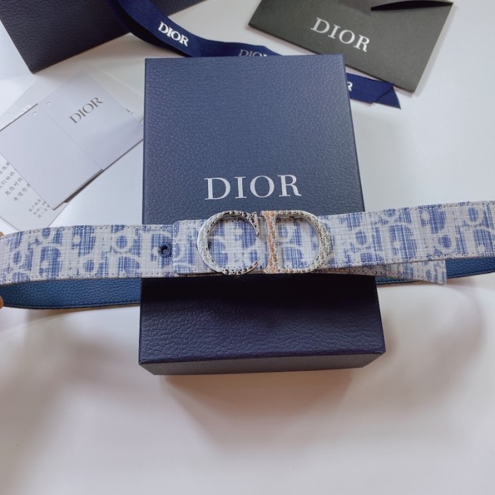 D*or oblique jacquard and grained calfskin 35 mm belt sky blue