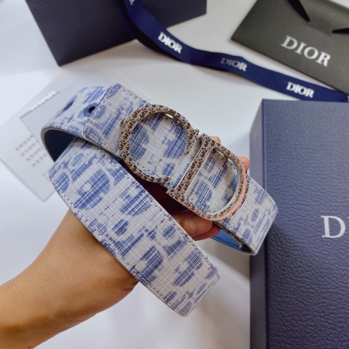 D*or oblique jacquard and grained calfskin 35 mm belt sky blue