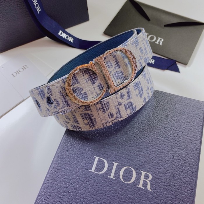 D*or oblique jacquard and grained calfskin 35 mm belt sky blue