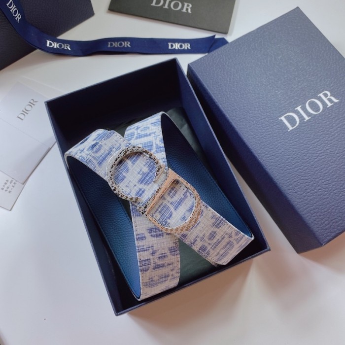 D*or oblique jacquard and grained calfskin 35 mm belt sky blue