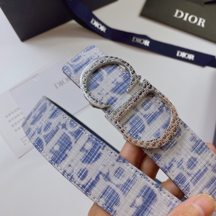 D*or oblique jacquard and grained calfskin 35 mm belt sky blue