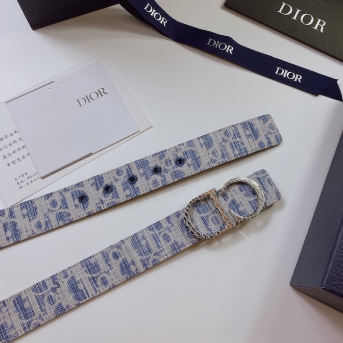 D*or oblique jacquard and grained calfskin 35 mm belt sky blue