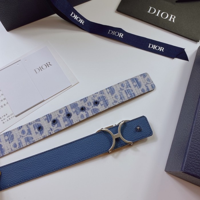 D*or oblique jacquard and grained calfskin 35 mm belt sky blue