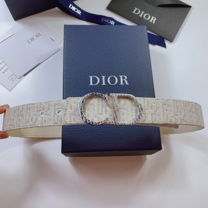 D*or oblique jacquard and grained calfskin 35 mm belt white