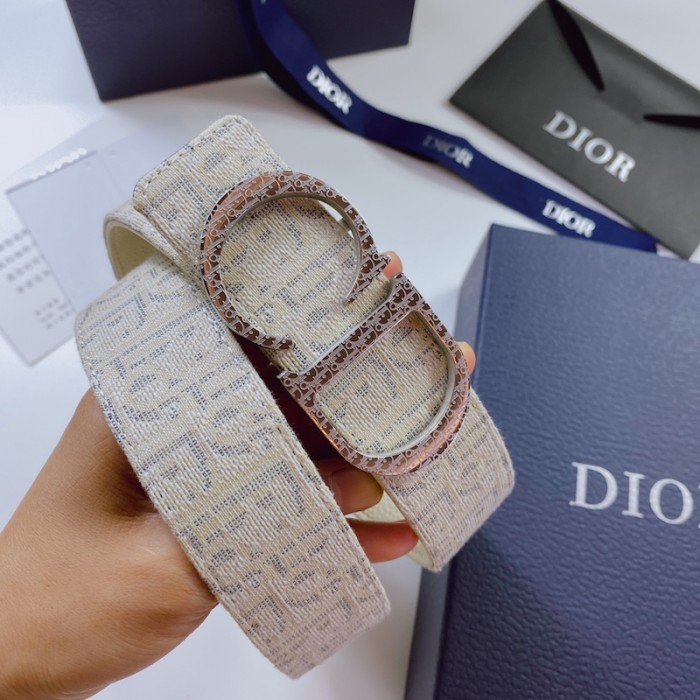 D*or oblique jacquard and grained calfskin 35 mm belt white
