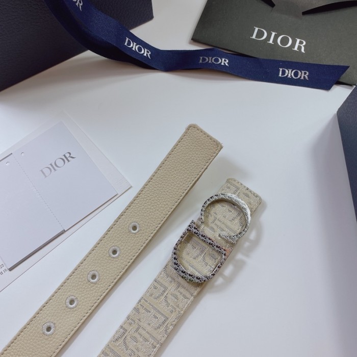 D*or oblique jacquard and grained calfskin 35 mm belt white