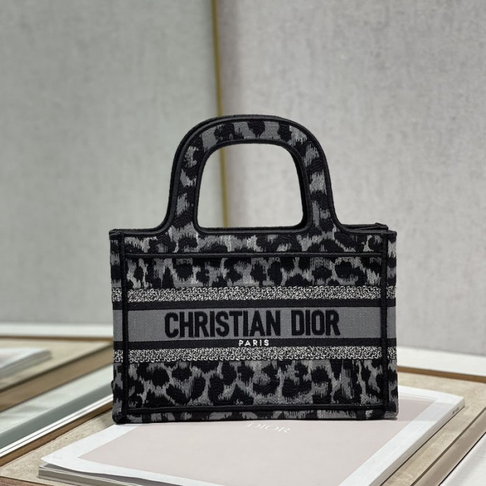 D*or mini book tote gray leopard mizza embroidery