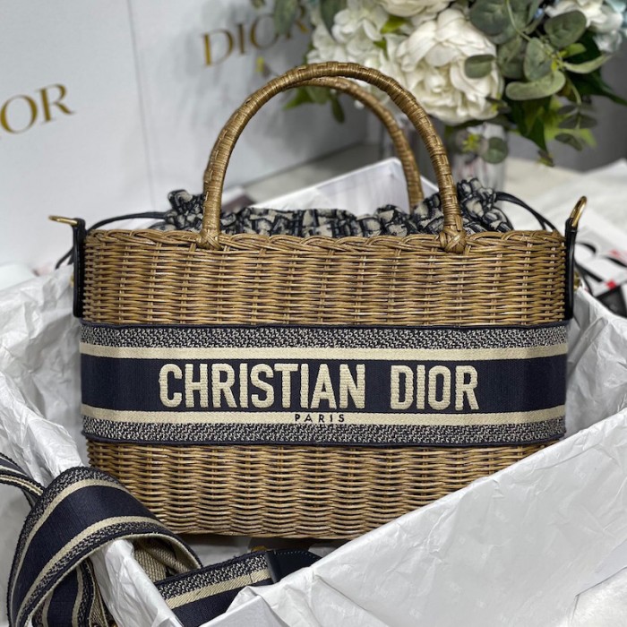 D*or wicker basket bag blue D*or oblique jacquard and natural wicker