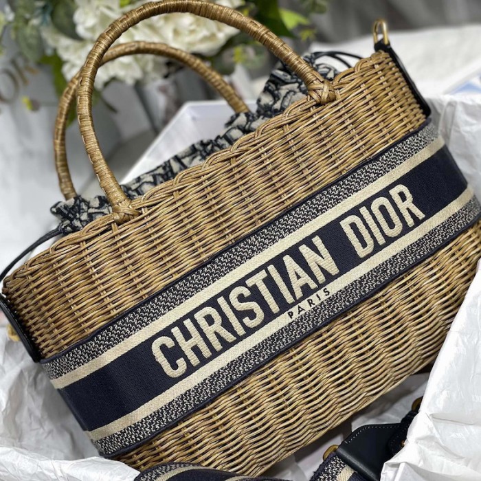 D*or wicker basket bag blue D*or oblique jacquard and natural wicker
