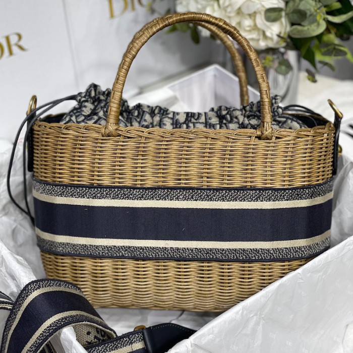 D*or wicker basket bag blue D*or oblique jacquard and natural wicker