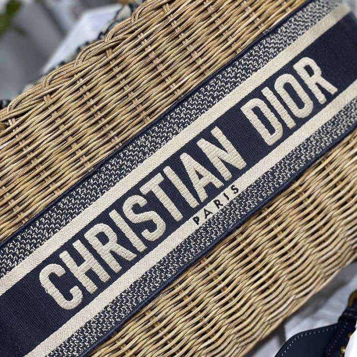D*or wicker basket bag blue D*or oblique jacquard and natural wicker