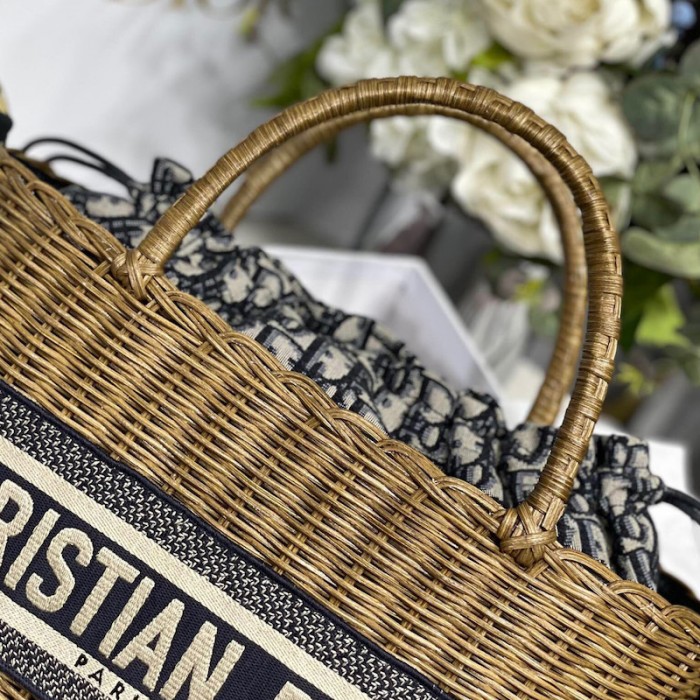 D*or wicker basket bag blue D*or oblique jacquard and natural wicker